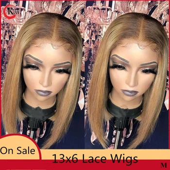 

KungGang 13*6 8”-14" bob Wigs Lace Front Human Hair 4/27 130% 150% density Brazilian Non-Remy Deep Part Lace Wigs Middle Ratio