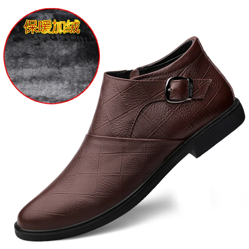 Winter Warm Casual Boots Men Inside Fur Ankle Boots Men Buckle Strap Men Dress Boots Good Quality Leather Boots Mens Size 38-46 - Color: zong se hua wen Fur