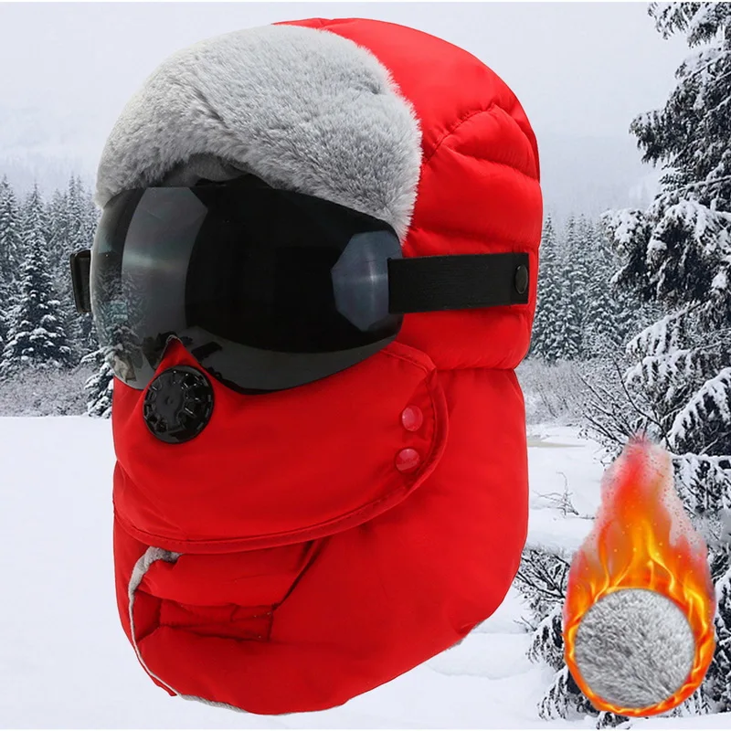 

2020 New Russia Army Mask Sunglass Hat Thick Warm Winter Outdoor Hat Windproof Camping Hiking With Glasses Warm Winter Riding