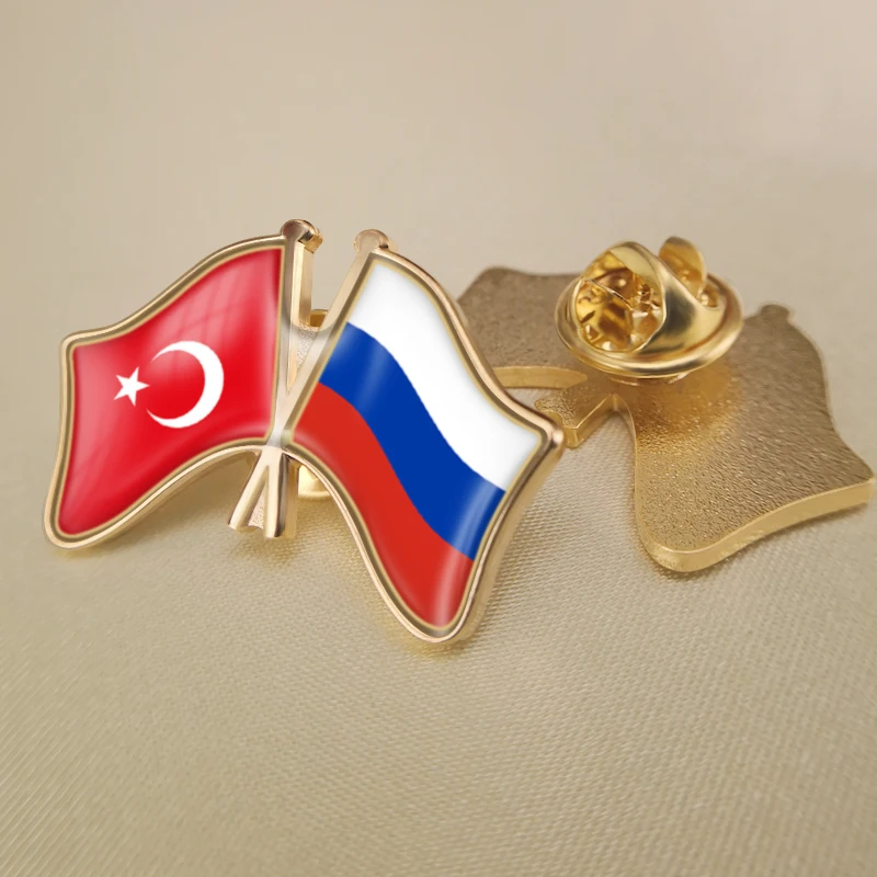 

Turkey and Russian Federation Crossed Double Friendship Flags Lapel Pins Brooch Badges