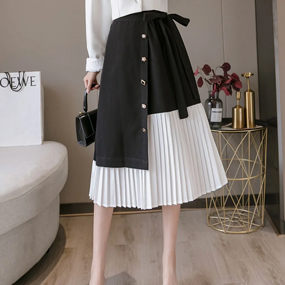 Women Skirt Korean Elegant Office Ladies High Waist Asymmetrical Black and White Patchwork Pleated Skirt for Spring Autumn