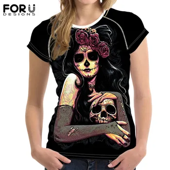 

FORUDESIGNS Sugar Skull Print Women Short Sleeve Gothic Tshirts Summer Female Tee Shirts Casual Round Neck Tops Shirts Clothes