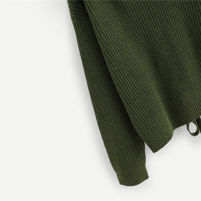 SHEIN, армейский зеленый, со шнуровкой, на спине, на плече, свитер, пуловер для женщин, Осень-зима, длинный рукав, v-образный вырез, повседневные женские однотонные свитера