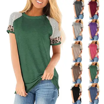 

Summer Tee Shirt Femme Leopard Stripe Patchwork Women T-Shirt Short Sleeve Fashion Harajuku T Shirt Ladies Plus Size Tops 3XL