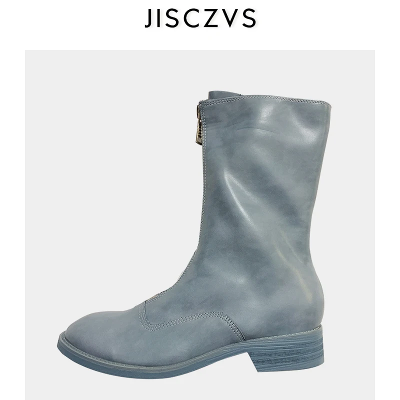 

Women Genuine Leather Boots Red Footwear Round Toe Front zipper Low heel Martin boot Women Thick Heel Cowboy Boots 2019 Autumn
