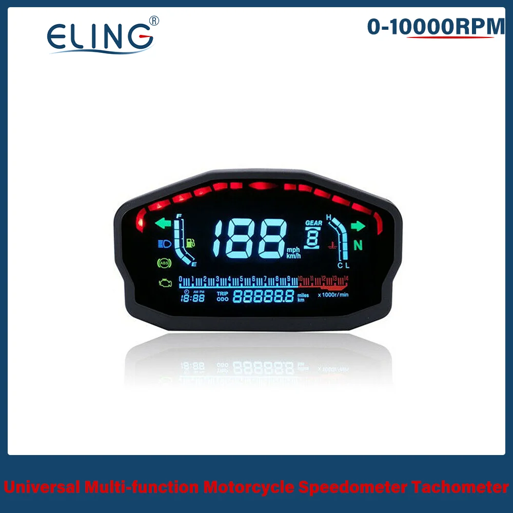 

ELING Motorcycle Tachometer 10000RPM Water Temp Speedometer Fuel Level Gauge Digital Odometer 12H Clock for 1 2 4 Cylinders