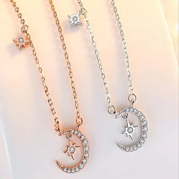 

S925 Sterling Silver Star-moon Necklace Pendant Small Minimalist Design O Type Clavicle Chain Woman
