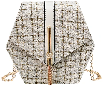 

QZUnique Women's Woolen Plaid Single Shoulder Hexagon Shape Purse Tassels Classic Grid Handbag White