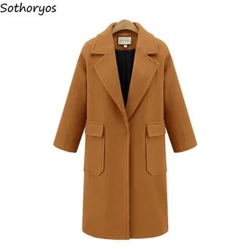 

Wool Women Plus Size Turn-down Collar Pockets Leisure Straight Solid All-match Blends Womens European Style Ladies Elegant Coats