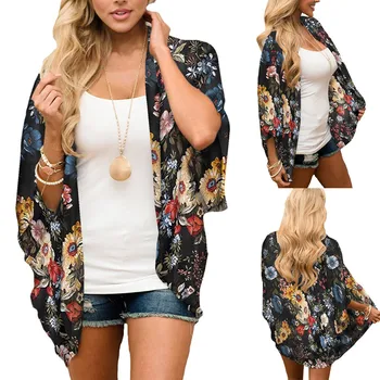 

Chiffon shirt Fashion Women Three Quarter Sleeve Floral Print Casual Shawl Cardigan Pullover high quality Support wholesale 2020