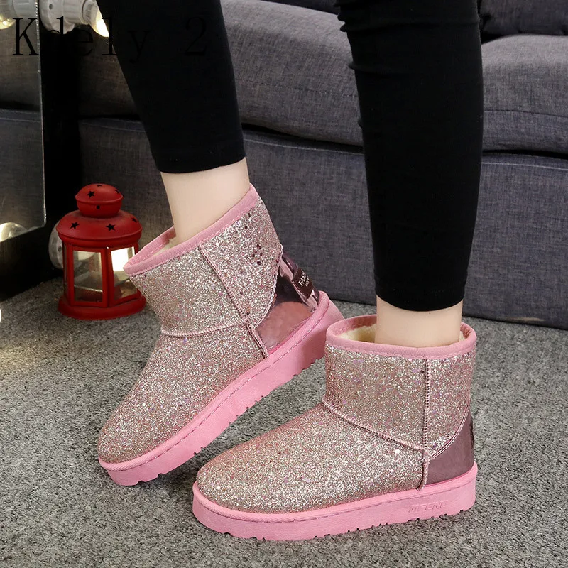 

Women Snow Boots Suede Cowhide Leather Ankle Boots Warm Winter Boots Woman shoes large size 36-40 paillette