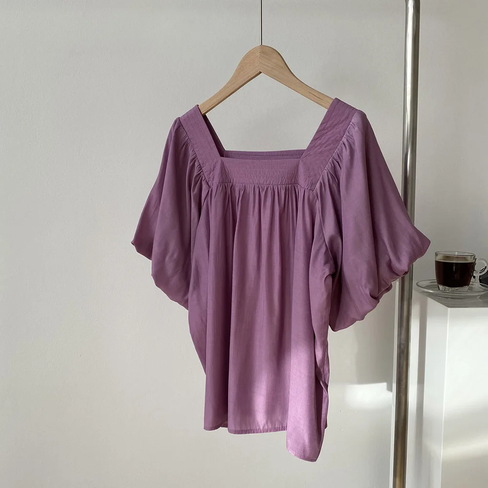 Women 2020 Summer Retro Casual Slim Thin Girl Square Collar Tops Female Solid Lantern Sleeve French Loose Blouse