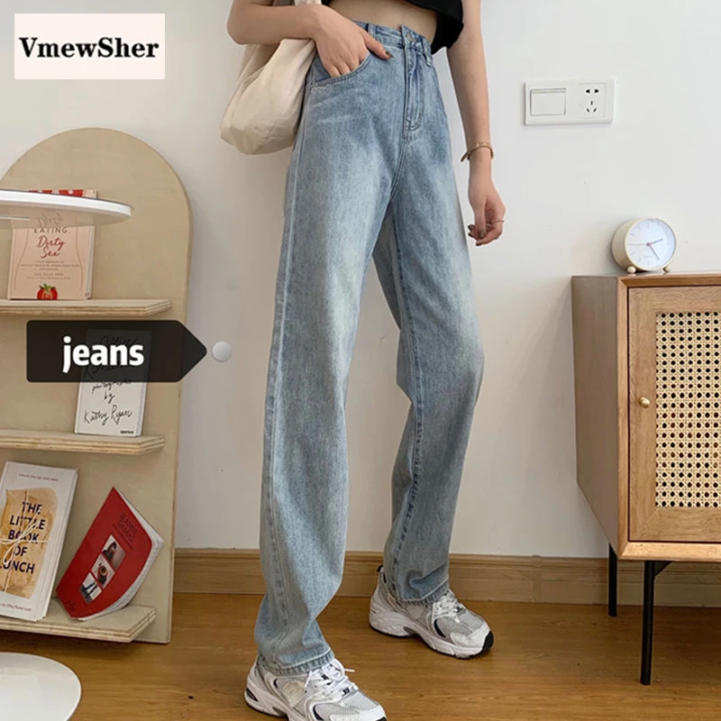 

VmewSher New Vintage Plain High Waist Loose Jeans Women 2021 Spring Autumn Straight Wide Leg Denim Pants Casual Long Trousers