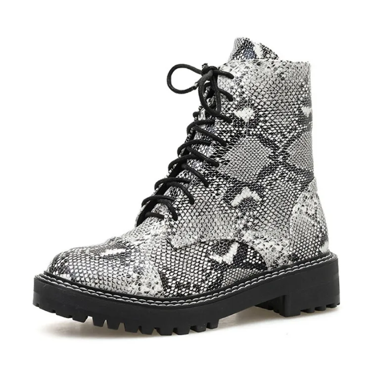 

Winter Boots Lady Women Shoes Autumn Lace Up Boots-women Snake Print Round Toe Booties Woman 2019 Low Heel 2020 Rock Rubber