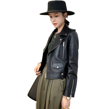 

Genuine Leather Jacket Women Black Motorcycle Short Real Sheepskin Leather Jacket Female Slim Coat Outwear chaqueta mujer