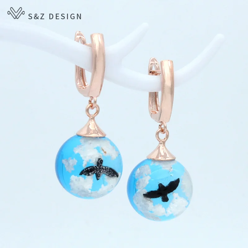 S&ampZ DESIGN Fashion Black Eagle Round Ball Dangle Earrings 585 Rose Gold White Eardrop For Women Girl Jewelry Party Gift | Украшения и