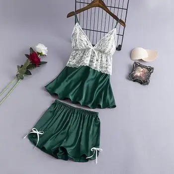 

Women Satin Lace Camisole Bowknot pajamas Shorts Set Sleepwear Lingerie V-Neck 2 pieces set summer home suit clothes nightie