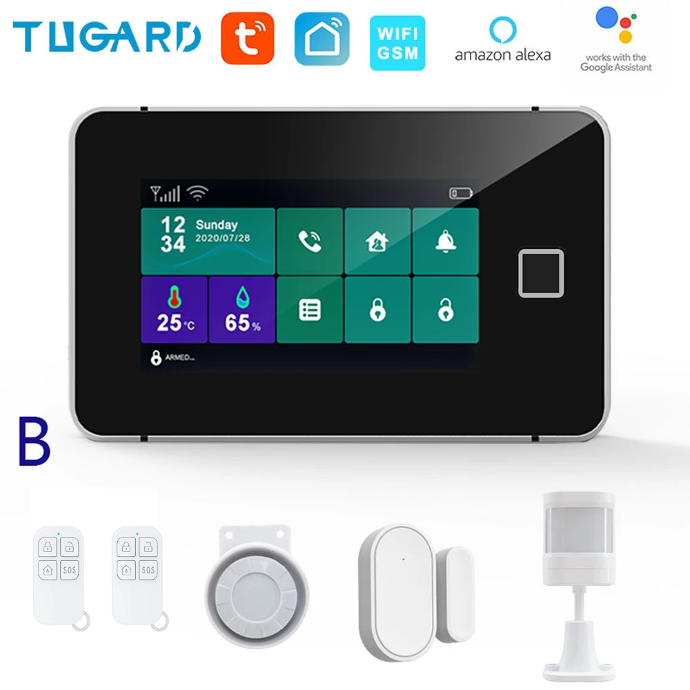 TUGARD G60 Tuya WiFi Gsm Security Alarm System Fingerprint Armed Temperature Humidity Display 433MHz Wireless Smart Home Burglar house alarm keypad Alarms & Sensors