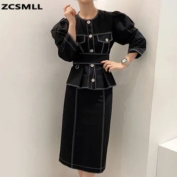 

ZCSMLL Korean Chic Niche French Round Neck Single-breasted Work Shirt + High-waist Straight Mid-length Skirt