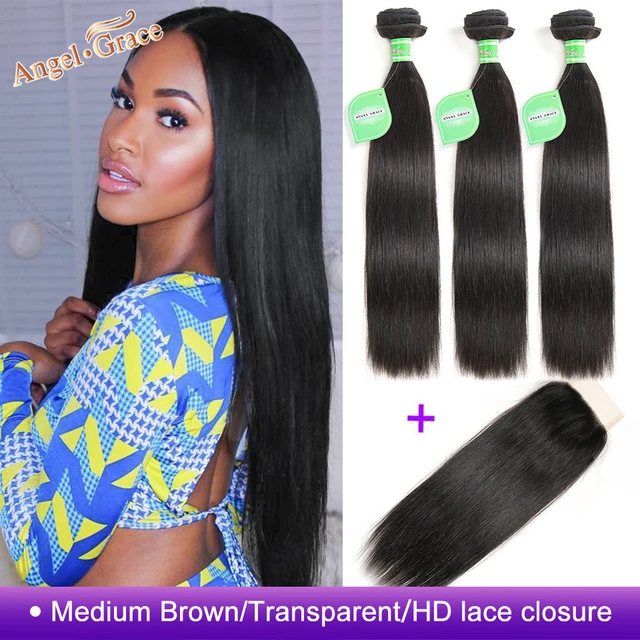 Angel Grace Hair Brazilian Straight Hair Bundles With Transparent HD Lace Closure Remy Human Hair Weave Angel Grace Hair Brazilian Straight Hair Bundles With Transparent/HD Lace Closure Remy Human Hair Weave 3 Bundles With Closure