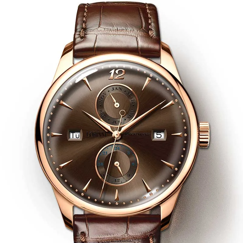 Роскошные брендовые LOBINNI механические часы с автоматическим подзаводом мужские часы со скелетом Кожа 50 м водонепроницаемый календарь даты 24 часа horloges man - Цвет: Brown Coffee