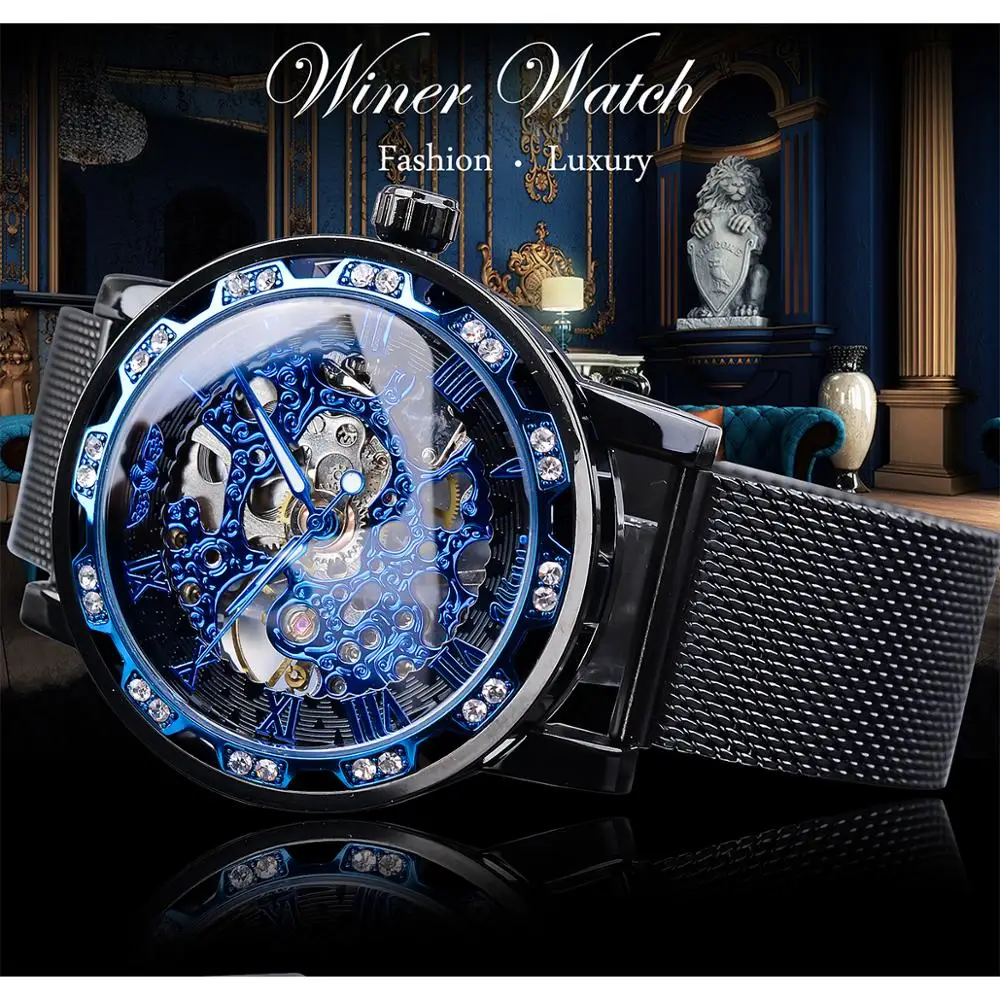 Winner, классические черные часы, механические мужские часы, лучший бренд, роскошные стразы, высокое качество, модные, скелет, Erkek Kol Saati