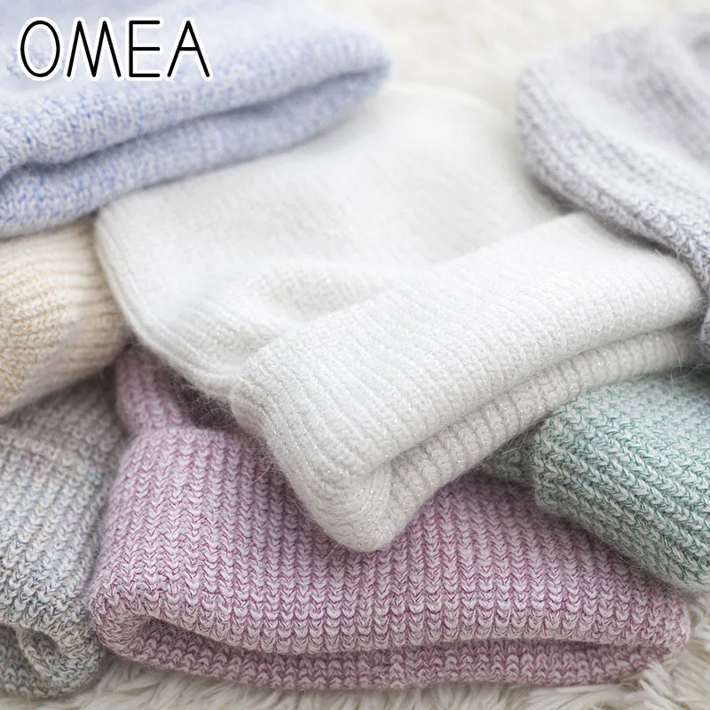 OMEA, одноцветная шапочка вязаная из ангорской кроличьей шерсти, женская зимняя шапка, модная весенняя теплая шапка