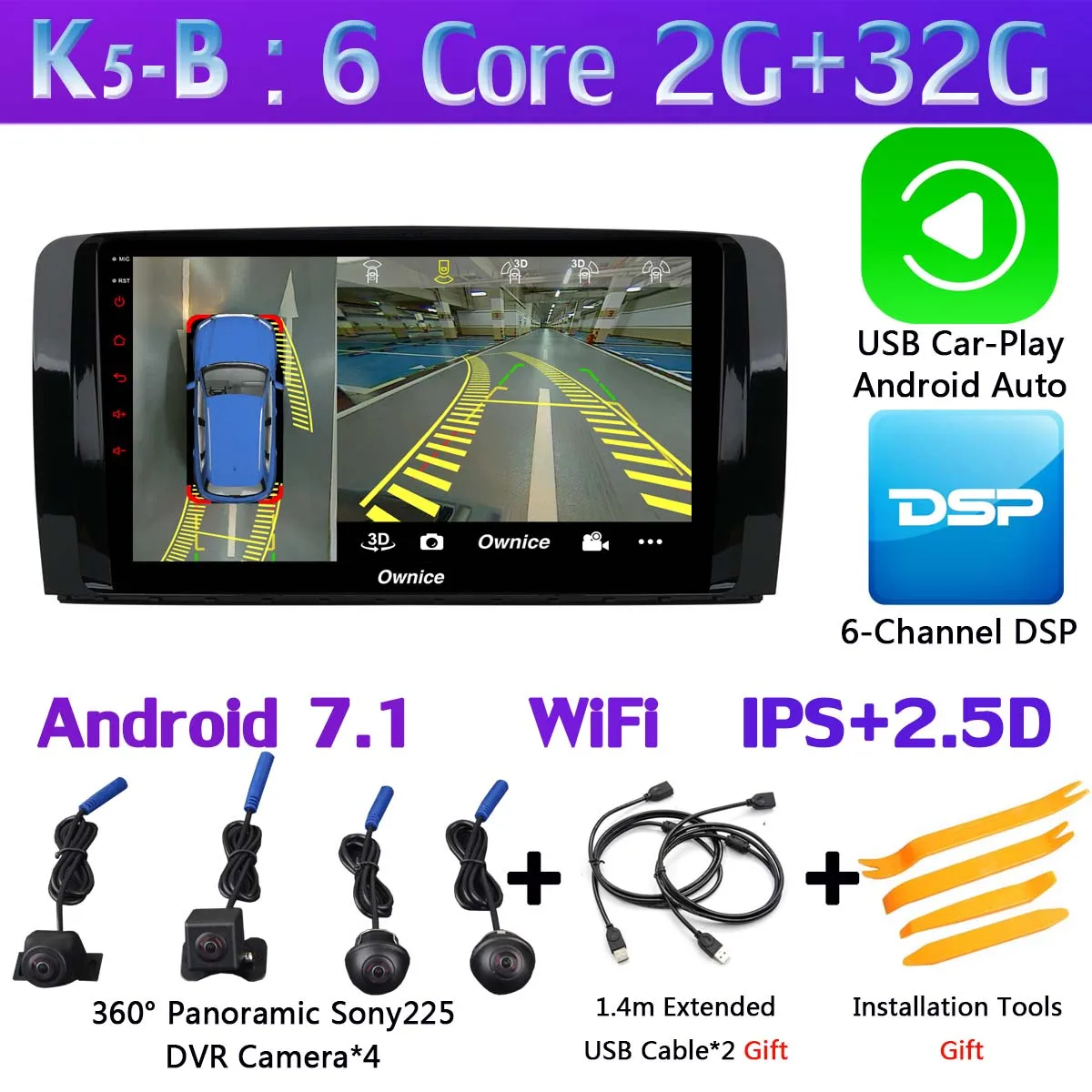 1Din 360 ° камера 4G LTE WiFi Android 9,0 4G+ 64G SPDIF DSP CarPlay автомобильный мультимедийный плеер для Mercedes Benz R Class W251 gps радио - Цвет: K5-B-CarPlay