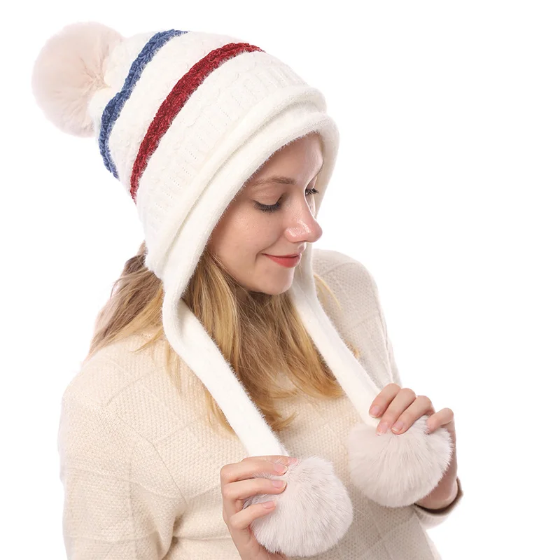 

Autumn Winter Women Plus Velvet Plush Thicken Knitted Windproof Warm Cap Hair Ball Soft Chenille Black Hat Skullies Beanies R10