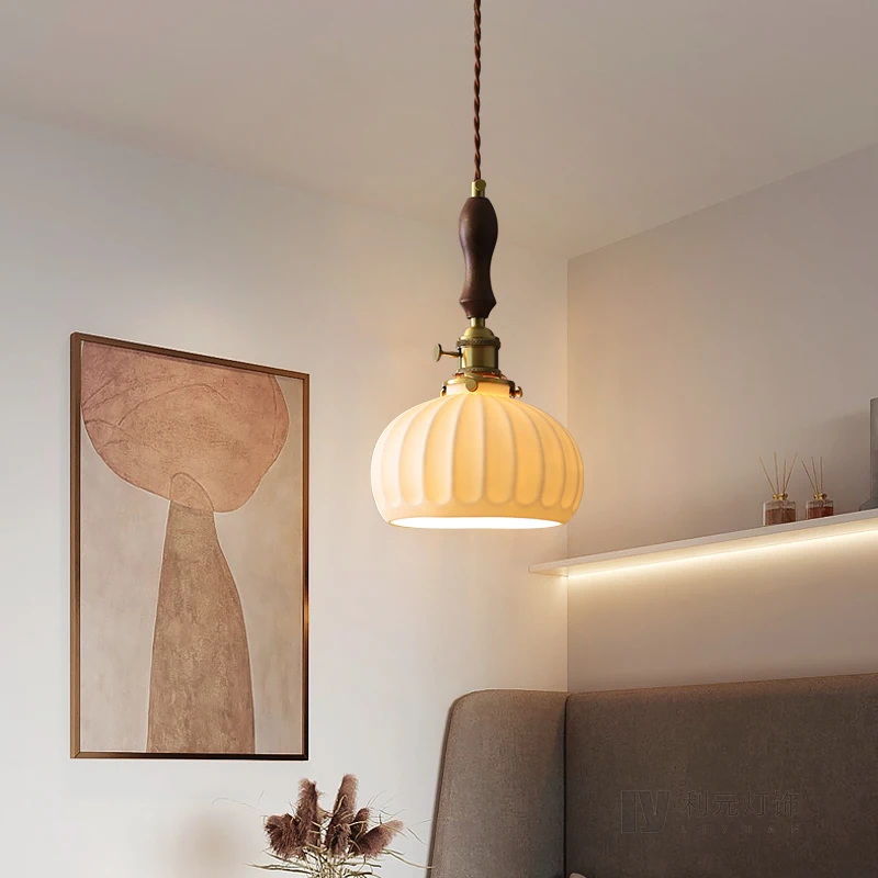 Nordic simple restaurant bar bedroom bed chandelier Japanese brass ceramic walnut lantern small | Лампы и освещение