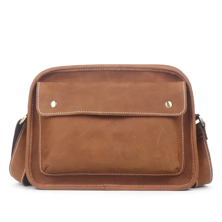 

New Style Men Full-grain Leather Casual Simple Shoulder Bag Women's Horse Leather Shoulder Bag iPad Square Sling Bag