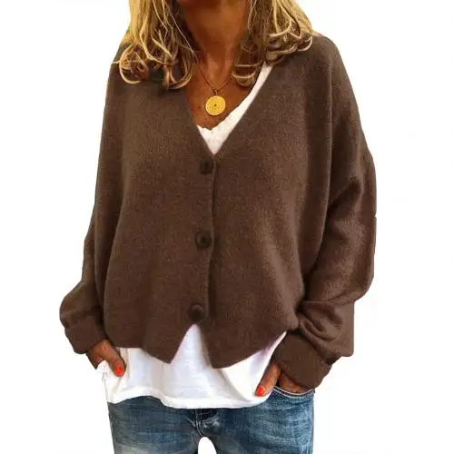 Женский кардиган, свитер с v-образным вырезом, однотонная свободная вязаная одежда, однобортный Повседневный вязаный кардиган, верхняя одежда, зимняя куртка, пальто - Цвет: Coffee