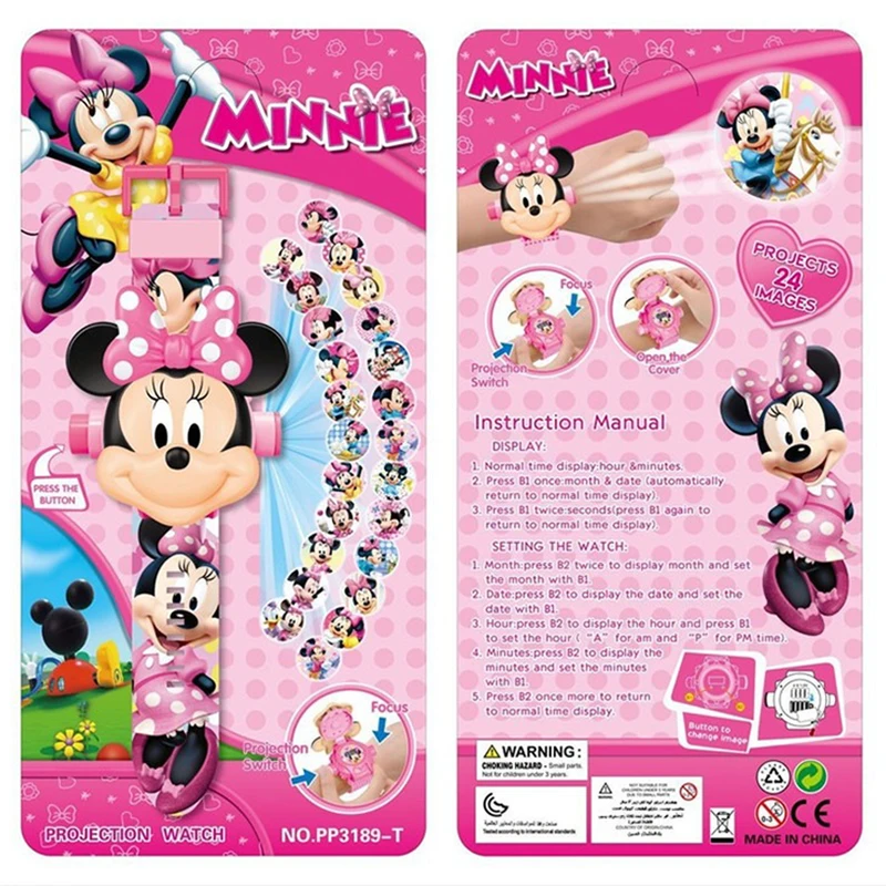 Minnie de Disney-relojes de proyección 3D para niños, figuras de anime de dibujos animados, con tapa, regalo para niñas