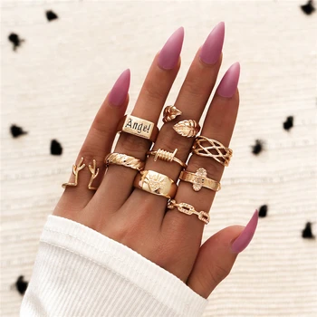

Boho Vintage Gold Leaf Knuckle Rings For Women BOHO Antlers Angel Letter Geometric Female Finger Rings Set Jewelry 2020