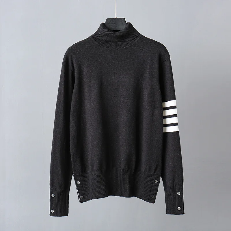 Модные брендовые мужские свитера TB Tom, облегающие пуловеры с высоким воротом, одежда в полоску из хлопка, весеннее и осеннее повседневное пальто - Цвет: Черный