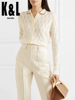 

K&L kylen studio vintage wool openwork knitted long-sleeved cardigan 2020 new French Polo knitted shirt women wild shirt