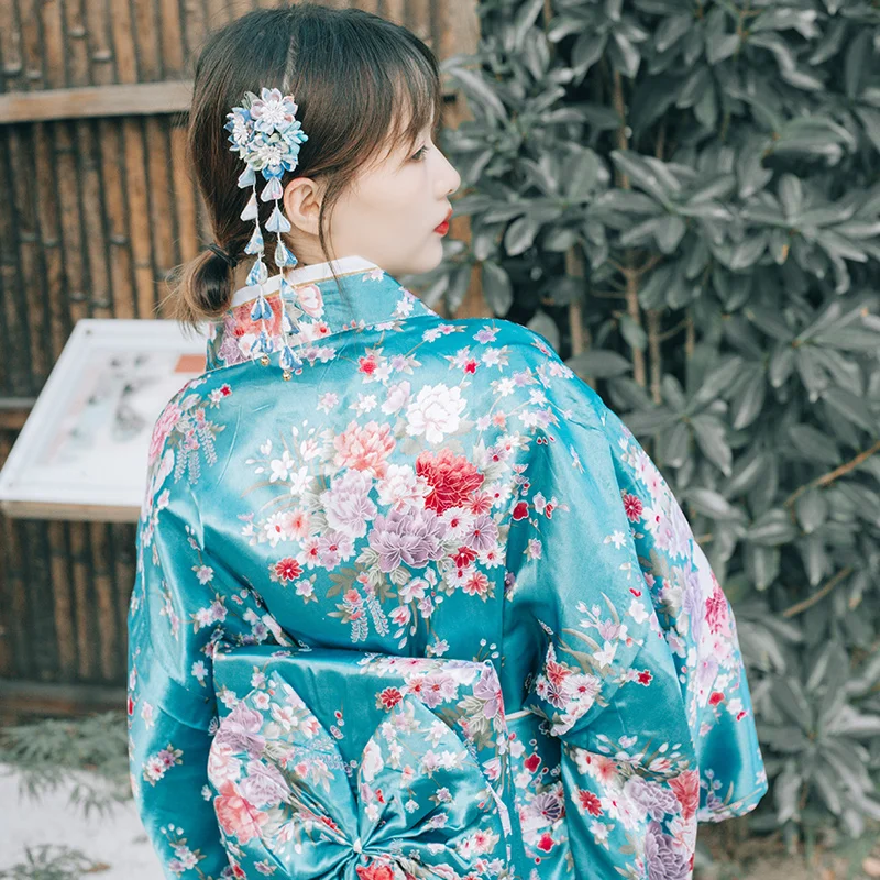 Женское кимоно халат традиционное японское юката голубого цвета Вишневый цветок принты Летнее платье одежда для выступлений одежда для косплея