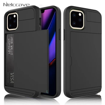 

50Pcs Armor Shockproof Slide Wallet Phone Case For iPhone 11 Pro XS Max XR X 8 7 6 Plus SE 2020 5 5S Credit Card Slot PC Cover