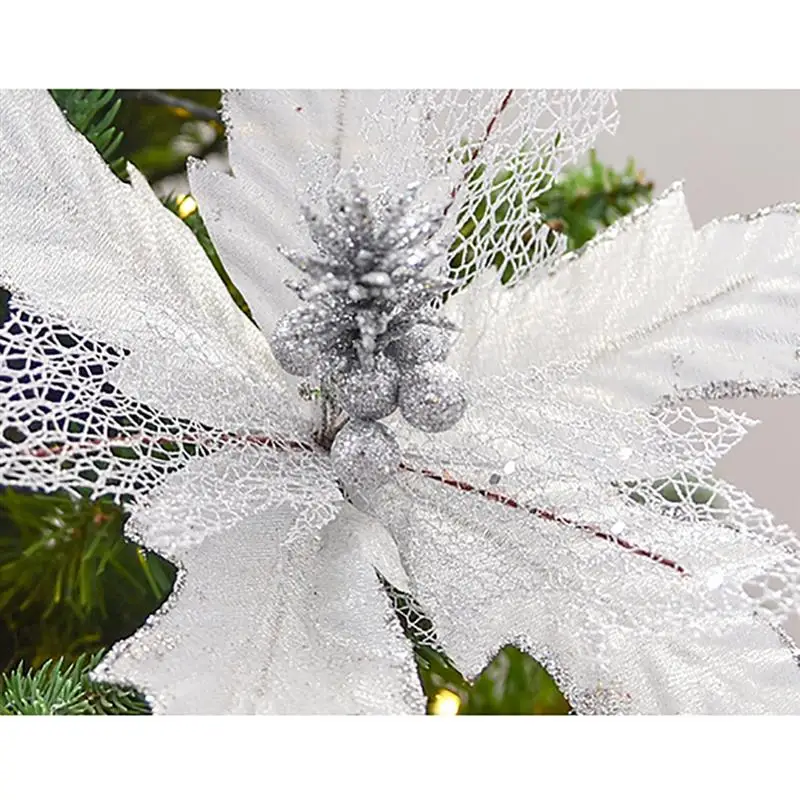 Christmas Artificial Flowers Glitter Fake Flowers DIY Home Wedding Decoration Flower Head Christmas Xmas Tree Ornament