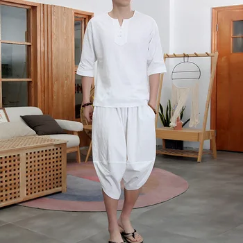 

Summer Linen Suit Men's Chinese Style Loose Cropped Trousers Cotton and Linen Two-Piece Large Size Men's T-Shirt Tang Suit