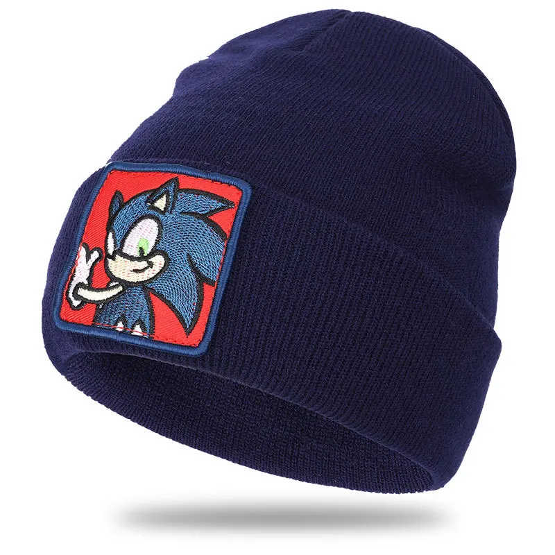 Свободного покроя с Ёжиком Соником; патч вязаные шерстяные шапки skullies beanie мужские и женские носки в стиле хип-хоп для пары с героями мультфильма, зимняя Лыжная Шапка пуловер - Цвет: Синий