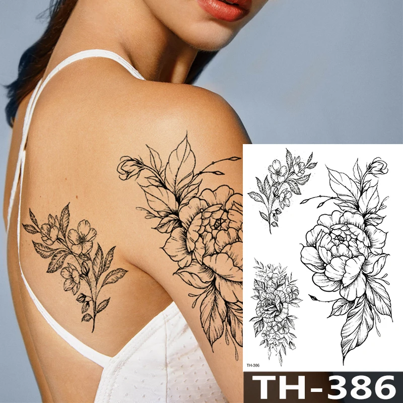 Rose Pfingstrose Blume Mädchen Temporäre Tattoos Für Frauen Wasserdicht Schwarz Tattoo Aufkleber 3D Blossom Dame Schulter DIY Tatoos