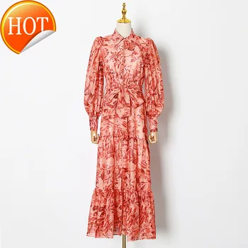 

Vintage Dress Maxi Floral Women Print Lantern Sleeve High Waist Sashes Tunic Long Summer Dress