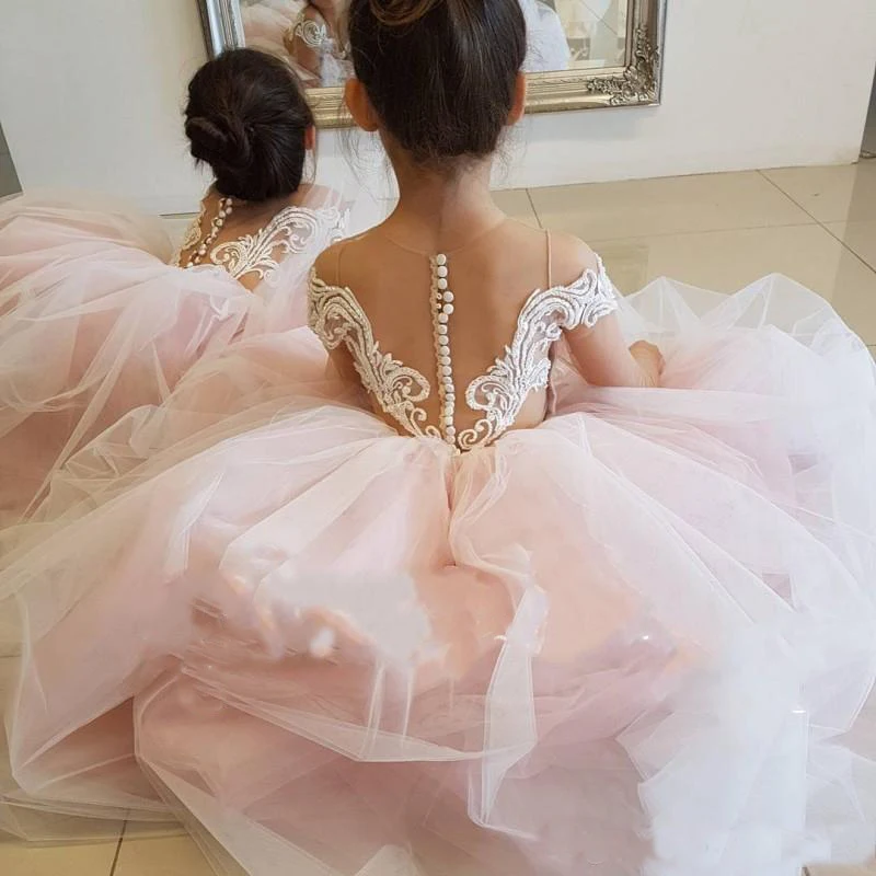 Roze Baljurk Bloem Meisjes Jurken Voor Bruiloften Applique Lace Tulle Lange Mouwen Prinses Meisjes Pageant Dress Party Formele Slijtage Roze Baljurk Bloem Meisjes Jurken Voor Bruiloften Applique Lace Tulle Lange Mouwen Prinses Meisjes Pageant Dress Party Formele Slijtage