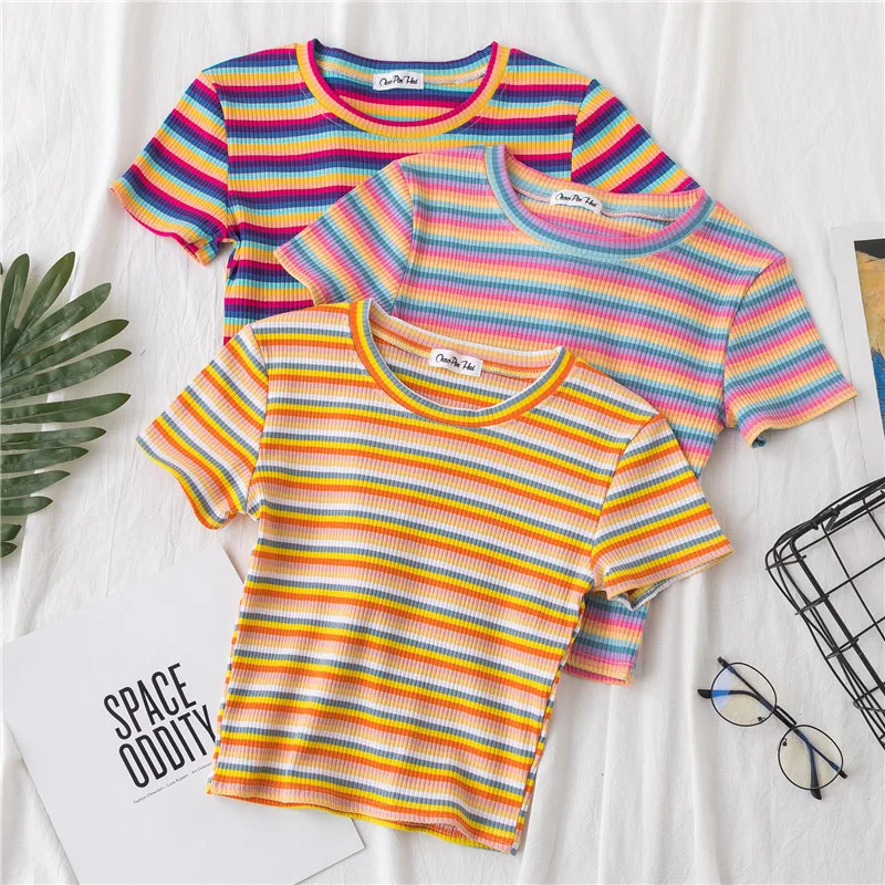 Neue T Shirt Frauen Regenbogen Gestreiften Tops Slim Fit t-shirt Harajuku T-shirt Sommer Kurzarm Koreanische T-shirt feminina Kleidung Tops – Detail 3