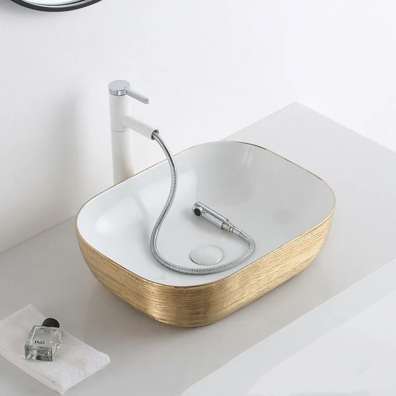 

Art Bathroom Ceramic Vessel Sinks Brushed Rose Gold Washing Basin Bowl Golden Matte Black White Luxury Basin Sink