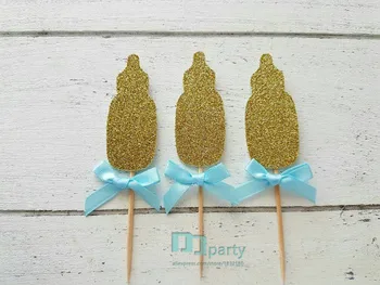 

Baby bottle cupcake toppers. Baby shower toppers. Baby shower decorations. Baby girl, baby boy. Pink and gold, blue, silver.