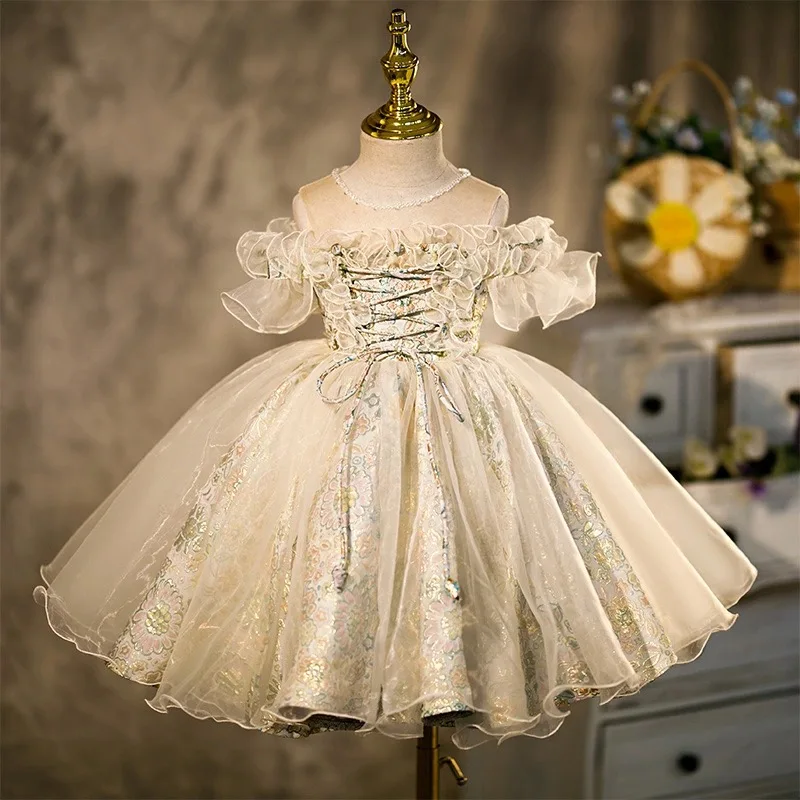 Infant Girl Dresses Girl Ball Gown Tutu Princess Dress Beads Lace Baby Girl Dress 1st Birthday Party Dress Wedding Girl Clothes