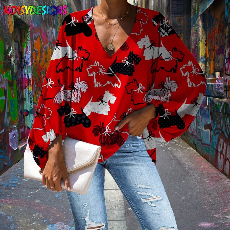 

Модная Свободная блузка с длинным рукавом и принтом мультяшных собак, Женская Повседневная пляжная одежда, разноцветные радужные Топы, Туники