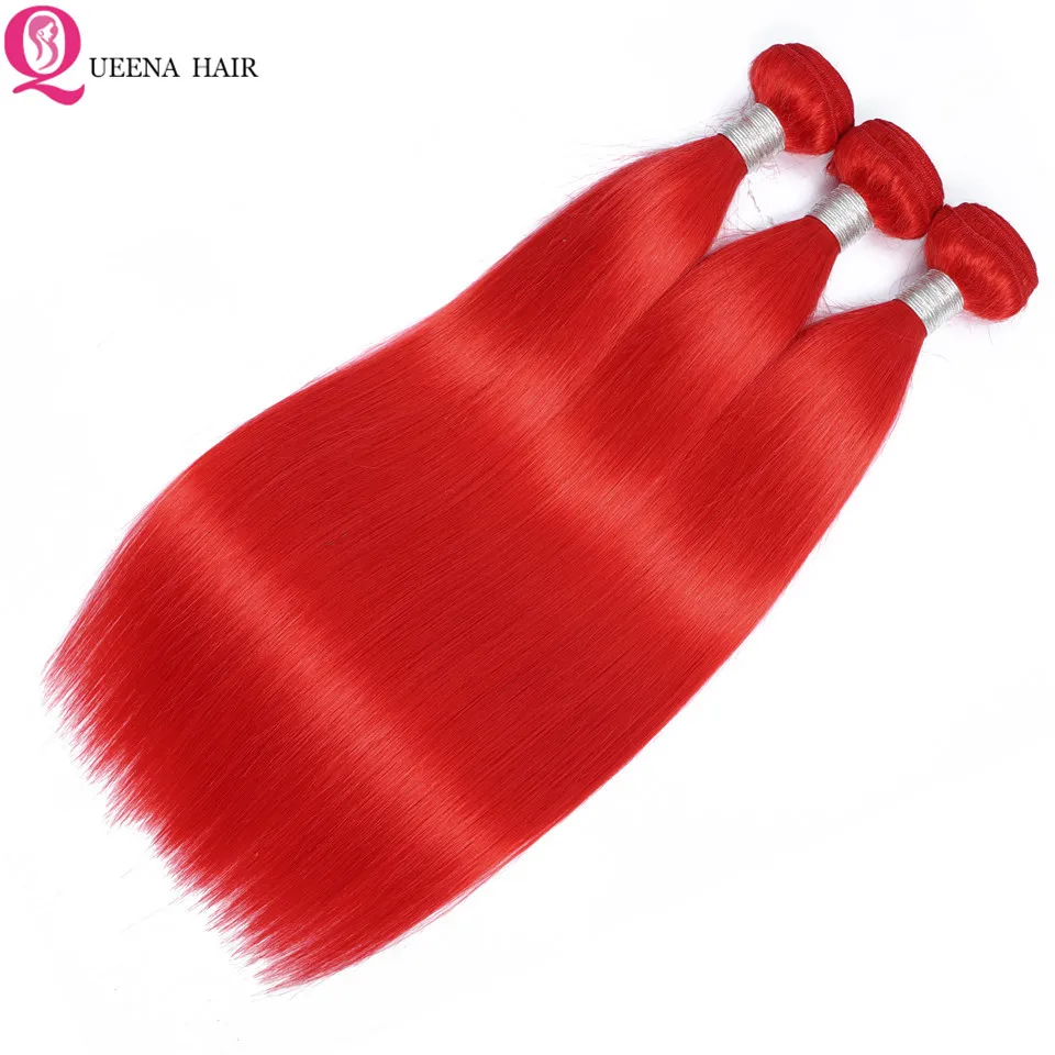 Red Straight Brazilian Human Hair Bundles with Closure, Pre-Plucked Remy Weave image 4